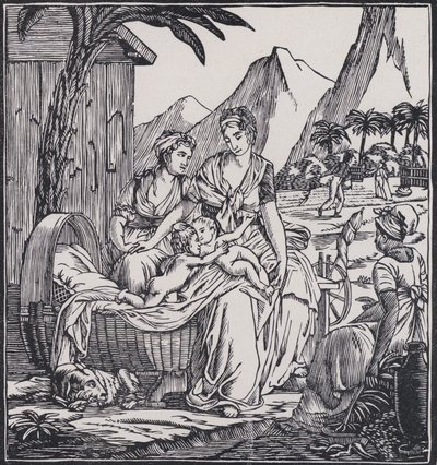 Paul og Virginies barndom, scene fra den franske forfatter Jacques-Henri Bernardin de Saint-Pierres roman Paul et Virginie (litografi) af French School