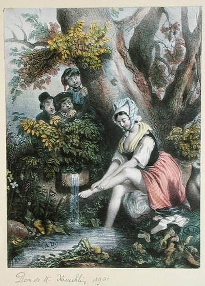 Børn, der spionerer på en ung pige, der vasker sine fødder i et vandløb. c. 1840 (farve litho) af French School