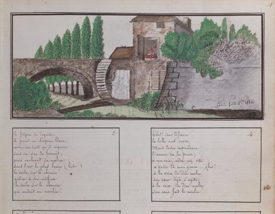 Childs skitse af en vandmølle, 1820 (farvet farveblyant og wc) af French School