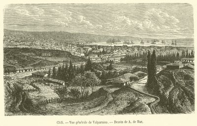 Chile, generel udsigt over Valparaiso (gravering) af French School