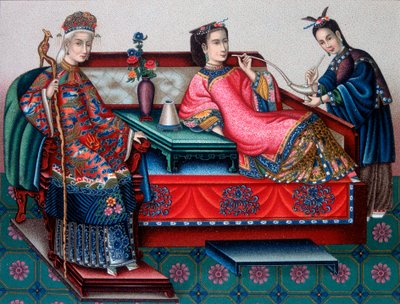 Kinesiske adelige kvinder, der ryger opium - i "" Det historiske kostume"" af Racinet af French School