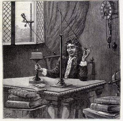 Christian Huyghens observerer "" tilbøjeligheden til bevægelse"" eller kroppens elasticitet - i "" Physique Populaire"" af Emile Desbeaux af French School