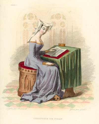 Christine de Pisan (farvet gravering) af French School