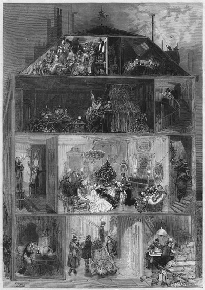 Juleaften: tværsnit af en parisisk bygning, der præsenterer forskellige måder at fejre nytårsaften på. Indgravering i "" Le Monde Illustré"" nr. 810 af 19. oktober 1872. af French School