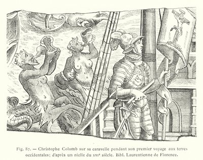 Christopher Columbus på sin karavel under sin første rejse til vestlige lande; efter en niello fra det 16. århundrede, Bibl Laurentienne de Florence (stik) af French School