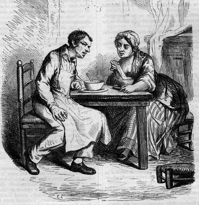 Christophe og den fede Sylvie: tjenere, der spiser morgenmad. Gravering midten af 1800-tallet. Illustration til "The Father Goriot" af Honore de Balzac (1799-1850). af French School