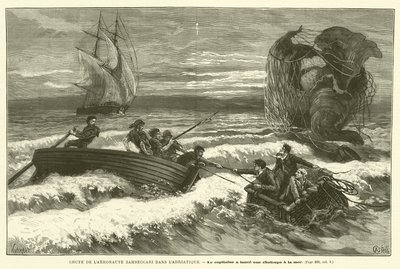 Aeronaut Zambeccaris fald i Adriaterhavet (gravering) af French School