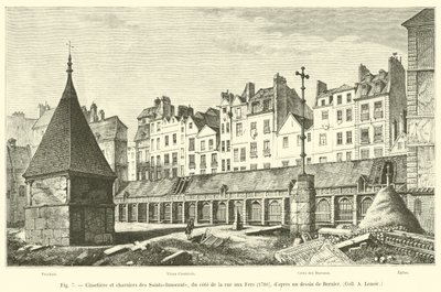 Kirkegård og massegrave for Saints-Innocents, på rue aux Fers-siden, 1780, efter en tegning af Bernier, Coll A Lenoir af French School