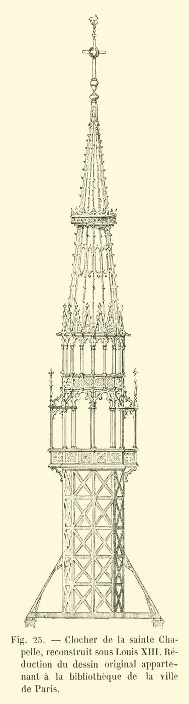 Klokketårn i Sainte Chapelle, genopbygget under Ludvig XIII, Reduktion af den originale tegning tilhørende biblioteket i byen Paris af French School