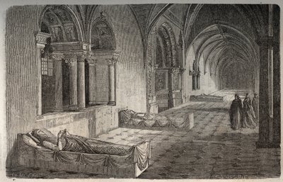 Cloister of Fontevrault med statuer af Henri II - Eleonore de Guyenne - indgravering i "Histoire de France" af Victor Duruy (1811-1894) - 1882 af French School