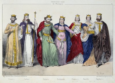 Clotaire (Clothaire) I, Caribert, Chilperic, Fredegonde, Clotaire II, Nantilde, Dagobert I - i “La monarchy francaise en estampes” ” af French School