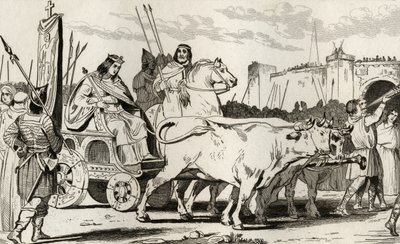 Clovis III (682-95) i en vogn trukket af okser, med Pepin II af Herstal (ca. 714) Ridende ved siden af ham, fra 