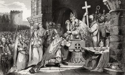 Clovis I (465-511) døbt med mænd fra sin hær før slaget ved Tolbiac, fra "Histoire de France" af Colart, udgivet omkring 1840 af French School