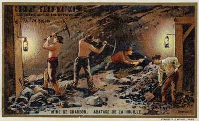 Kulmine. Udhugning af kul ved kulfladen (chromolitho) af French School