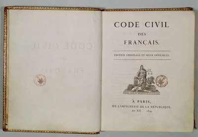 Code Civil, åben på titelbladet, 1804 af French School