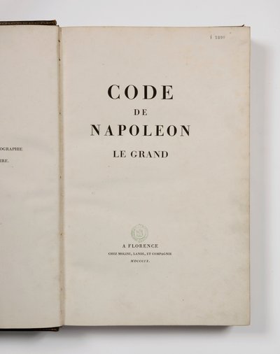 Kode for Napoleon den Store, åben på titelbladet, udgivet Firenze, Molini, Landi et Cie, 1809 af French School