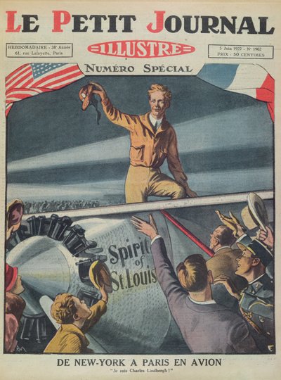 Oberst Charles Lindbergh (1902-74) ved sin ankomst til Le Bourget Lufthavn efter den første transatlantiske flyvning fra New York til Paris den 21. maj 1927, forside af Le Petit Journal, 5. juni 1927 (kol. af French School