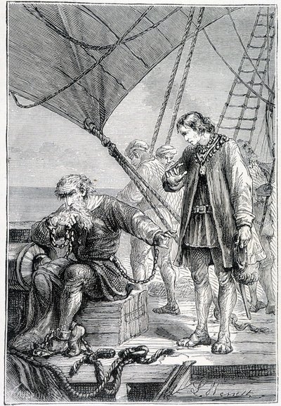 Columbus bundet som skurk (på skibsdæk), ill. "" Discovery de la Terre "" af Jules Verne, red. Hetzel, n.d. 19. af French School