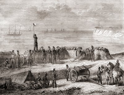 Kommunikation mellem et skib på vej ind i en havn og de landsatte tropper ved hjælp af flagsemafortelegrafi, fra Les Merveilles de la Science, udgivet ca. 1870 (stik) af French School