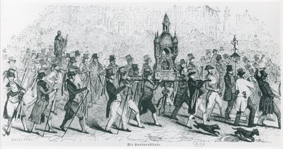 Ledsagere af Tour de France fejrer, ca. 1845 (gravering) (s/h foto) af French School