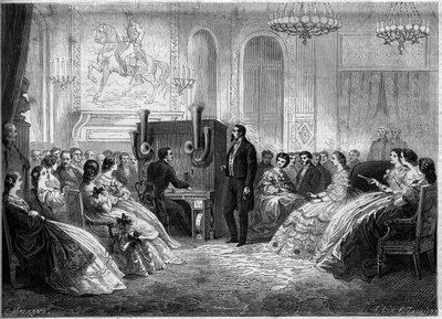 Koncert af "elektromotorisk klaverorkester", af dets opfinder J.B. Schalkenbach, i overværelse af Napoleon III og Impress Eugenie de Montijo. Palais de Saint Cloud af French School