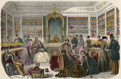 Konfekturebutik i Paris i det 19. århundrede - Indgravering i "Tableau-de-Paris" af Edmond Texier 1852 af French School