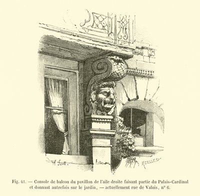 Balkonkonsol på pavillonen i højre fløj, en del af Palais-Cardinal og tidligere med udsigt over haven, i øjeblikket rue de Valois, nr. 6 af French School