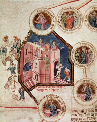 Byggepladsen for Babelstårnet i Babylon Side taget fra manuskriptet "Genealogy de la Bible" fra den franske skole. 14. århundrede Cremone, biblioteca governativa af French School