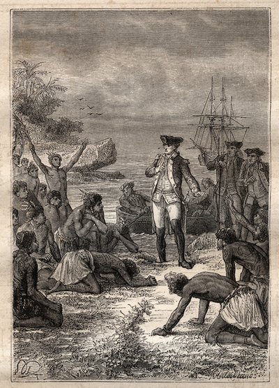 Cooks modtagelse af de indfødte - Tredje rejse af James Cook - Cook velkommen af de indfødte - Tredje rejse af James Cook i Stillehavet - illustration taget fra "The Great Mariners of the 18th century" af Jules Verne af French School
