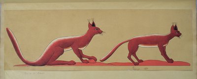 Kopi af et originalt gammelt egyptisk vægmaleri, der forestiller to vilde katte af French School