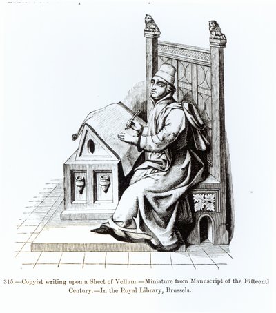 Kopist, der auf ein Pergamentblatt schreibt, aus einem Manuskript, Illustration aus Wissenschaft und Literatur im Mittelalter und in der Renaissance, geschrieben und graviert von Paul Lacroix, 1878 von French School