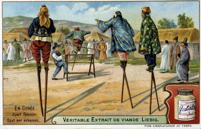 Coree: kvindelig sport at hoppe på stylter - chromo Liébig, v.1900 af French School