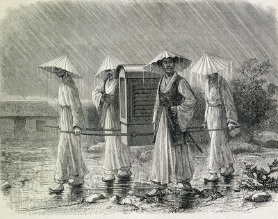 Coreens klæder sig i en palanquin (coreens regndragt), der bærer en stol. Illustration taget fra "An expedition in Korea" af H. Zuber, tidligere søofficer (1866) - i "Tour du Monde". af French School