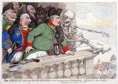 Korsika og dets blodtørstige kigger på Paris gennem Tuileriernes vindue - i "Napoleon I", karikaturer, dummy-samling, ca. 1814-1815. af French School