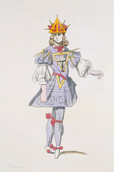 Kostumedesign til geometri i en hoflig ballet fra det 17. århundrede, fra Menus Plaisirs-kollektionen, faksimile af A. Guillaumot Fils (farvegravering) af French School