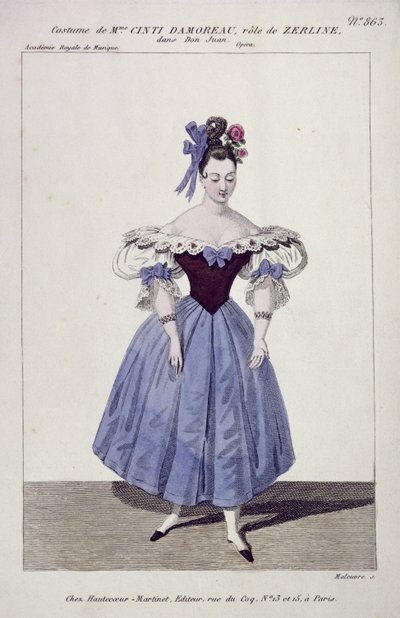 Kostume til Madame Cinti Damoreau i rollen som Zerlina i Don Giovanni, graveret af Maleuvre, trykt af Hautecoeur-Martinet af French School