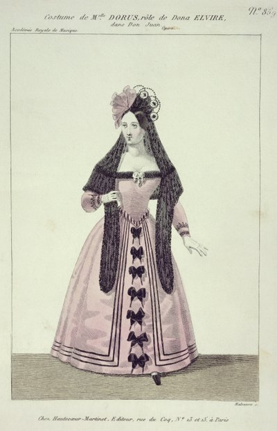 Kostume til Mademoiselle Dorus i rollen som Donna Elvira i Don Giovanni, graveret af Maleuvre, trykt af Hautecoeur-Martinet af French School