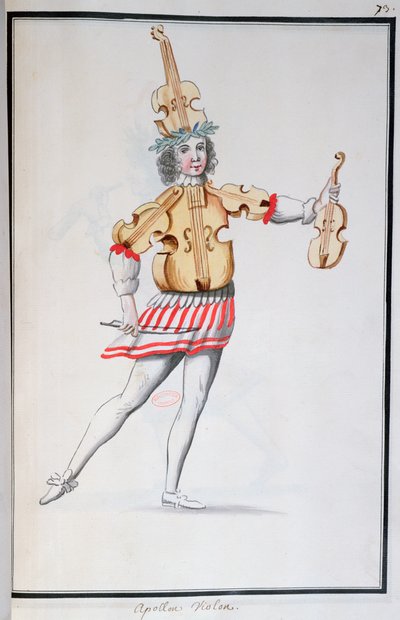 Kostume af Apollo-Violin for Ballet de la Nuit af Jean-Baptiste Lully (1632-87) danset af Ludvig XIV, 23. februar 1653 (wc på papir) af French School