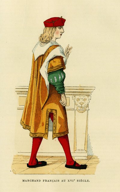 Kostume af en fransk købmand i det 17. århundrede. Stik i farver, i "France et les francais a travers les centuries" af Augustin Challamel, F.Roy editor, Paris 1882. Selva-samlingen. af French School