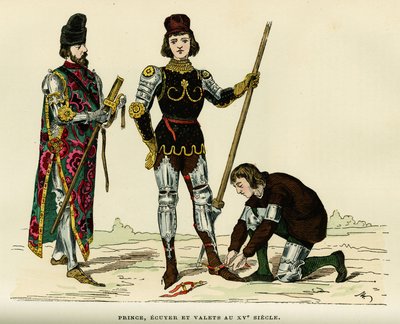 Kostumer af prins, af hans ecus og hans kammertjener, i det 15. århundrede. Farvegravering, i "France et les francais a travers les centuries"" af Augustin Challamel, F.Roy redaktør, Paris 1882. Selva Collection. af French School