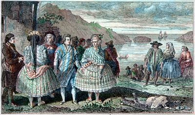 Kostumer for indbyggerne i La Conception (Chile) - Atlas du Voyage de La Perouse (Laperouse) rundt om i verden i årene 1785-1788, Paris 1797. af French School