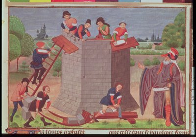 Cott Aug V fol.22 Building the Tower of Babel, miniature fra 