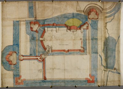 Bomuld Augustus I ii 52, En farvet plan af Guînes Slot omkring 1540 (pergament) af French School