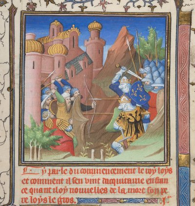 Cotton Nero E II pt.1, f.222, Slaget ved Louis VII og hans far, fra Grandes Chroniques de France af French School