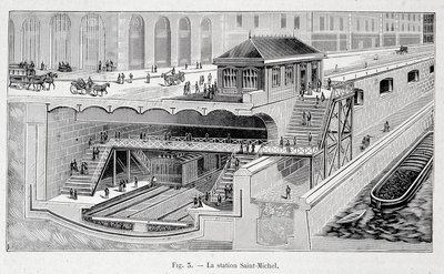 Sektion af metrostationen St Michel i Paris i ""La nature"" 1899 af French School