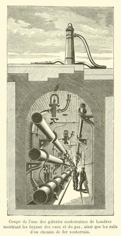 Udsnit af et af Londons underjordiske gallerier, der viser vand- og gasrørene (gravering) af French School