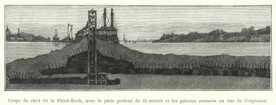 Sektion af revet kaldet Flood-Rock, med den 15 meter dybe brønd og gallerierne gravet til eksplosionen (gravering) af French School