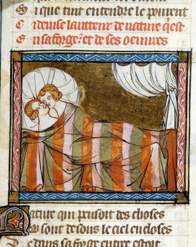 Par i seng. Miniature taget fra romanen om rosen af Jean de Meun af French School