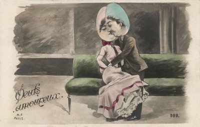 Par med æggehoveder (farve litho) af French School