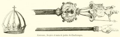 Krone, scepter og Charlemagnes retfærdighedshånd (gravering) af French School